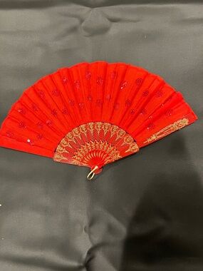 Red Lace Folding Hand Fan with Gold Detailing